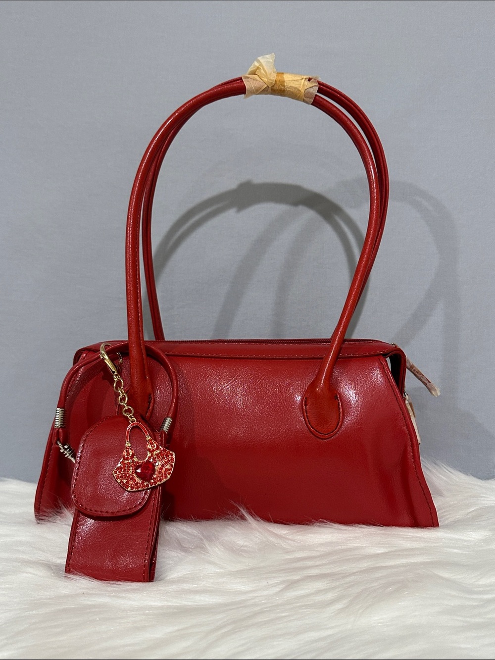 Classic Red Tote Shoulder Handbag with Lipstick Holder and Removable Charm NWOT
